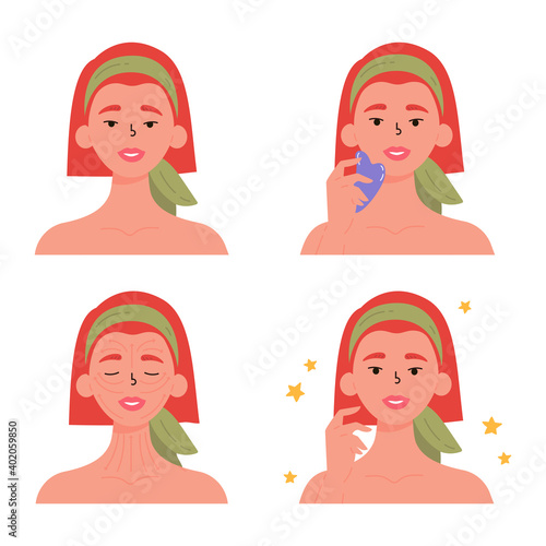 Young woman with facial gua sha stone. Woman massaging her face along massage lines. Anti-aging skin care method step by step. Morning ritual for skin care. Vector. 