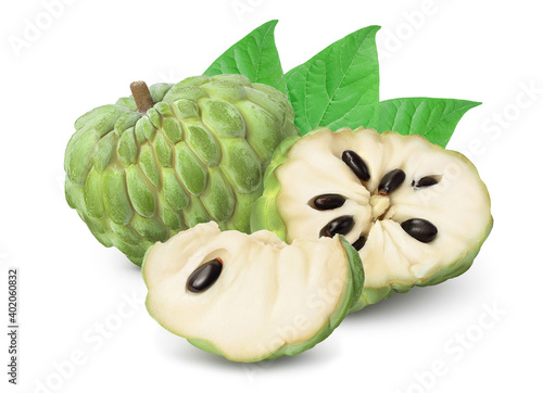 Sugar apple or custard apple half isolated on white background with clipping path and full depth of field. Exotic tropical annona or cherimoya fruit