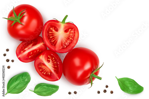Tomato slices with basil leaf isolated on white background. Clipping path. Top view with copy space for your text. Flat lay