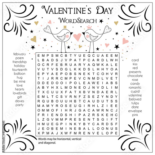 Valentine's Day word search puzzle. Suitable for social media post. Educational game for children. Printable worksheet for learning English.