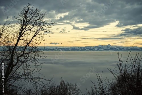 sunset over lake of fog