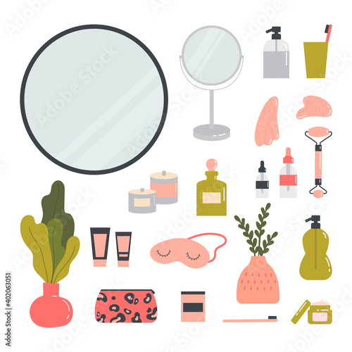 Beauty routine. Face and body skin care concept. Cleansing, moisturizing, treating, gua sha stone. Various cosmetics. Bathroom accessories. Hand drawn vector set. Trendy colored illustration. 