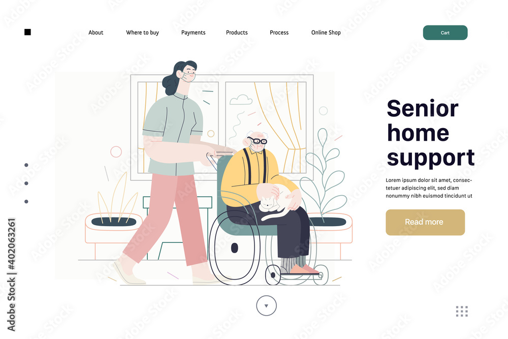 Medical insurance - senior home support - modern flat vector concept digital illustration -a nurse rolling a wheel chair with a senior patient at his home. Home medical service, part of insurance plan