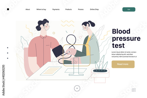 Medical tests template - blood pressure test - modern flat vector concept digital illustration of blood pressure measurement procedure - a patient and doctor with a meter, medical office or laboratory