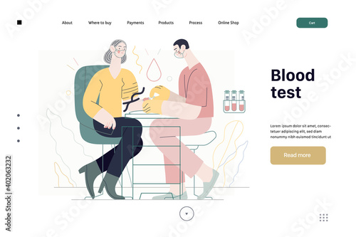 Medical tests illustration - blood test - modern flat vector concept digital illustration of blood test procedure - a patient and doctor with a syringe and test tubes, the medical office or laboratory