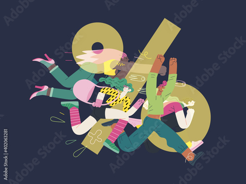 Discounts, sale, promotion - modern flat vector concept illustration of people crowd running in the pursuit of the discounts, with a big percent sign on the background