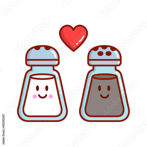 Two cartoon salt and pepper in love. Romantic vector illustration can be used for t-shirt, poster, card print, mug, phone case, stickers.