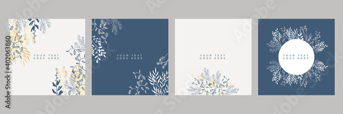Set of floral universal artistic templates with blue gold pastel color. Good for greeting cards, invitations, flyers and other graphic design. Square floral greeting card