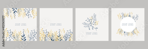 Wedding invitation, thank you card, save the date cards. Wedding invitation. Floral greeting card background with blue gold color