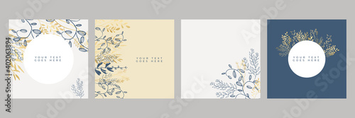 Set of floral universal artistic templates with blue gold pastel color. Good for greeting cards, invitations, flyers and other graphic design. Square floral greeting card
