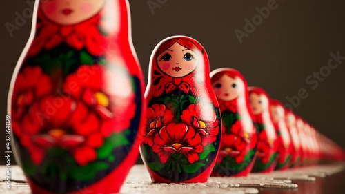 Beautiful matryoshka dolls in a row. An infinite number of babushkas on a doily.