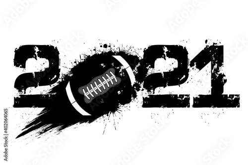 Abstract numbers 2021 and football ball made of blots in grunge style. 2021 New Year on an isolated background. Design pattern. Vector illustration