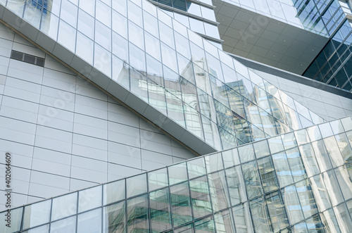 Modern architecture of a glass exterior escalator  Electric stairwell enclosed within glass modules 