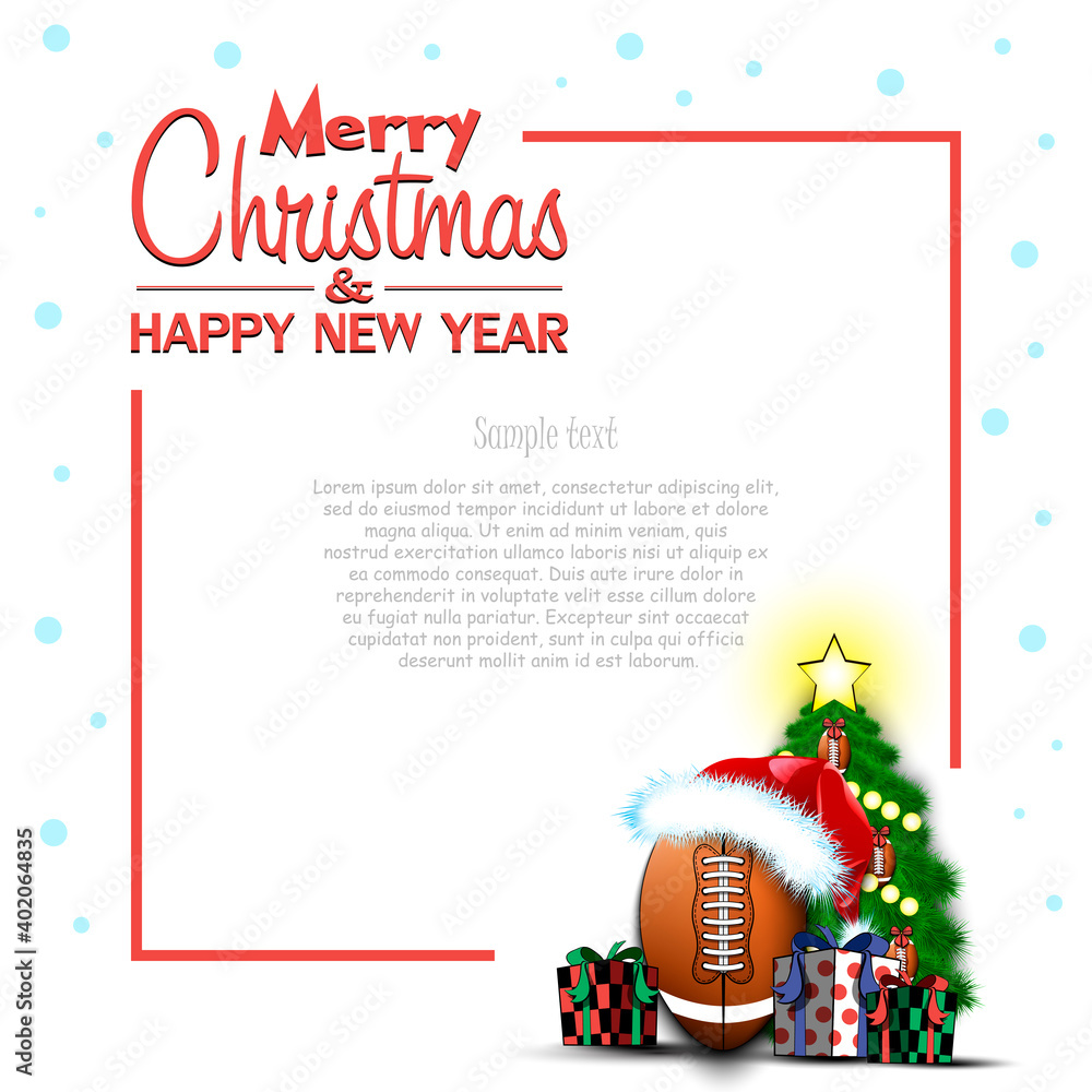 Merry Christmas and Happy New Year. Frame with football ball, Christmas tree and gift boxes. Greeting card design template with for new year. Vector illustration