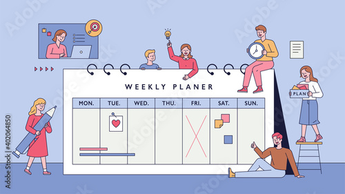 Weekly planner and people. Little people are making plans around a large calendar. flat design style minimal vector illustration.