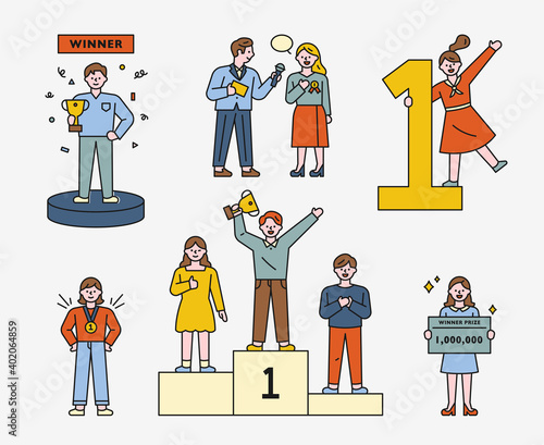 A collection of winner characters. The man with the trophy. The woman to be interviewed. The woman who won the medal. The man who climbed the first prize. Woman holding goods. flat design style.