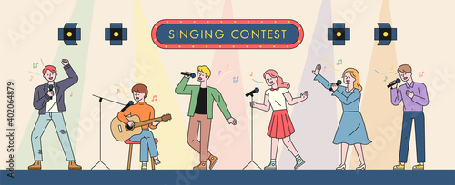 Musicians singing in a singing contest. Characters playing guitar or dancing and singing in various poses. flat design style minimal vector illustration.