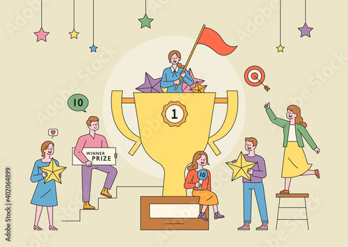 The championship cup and people. The winner is waving the flag in the big championship cup. People are collecting stars. flat design style minimal vector illustration.