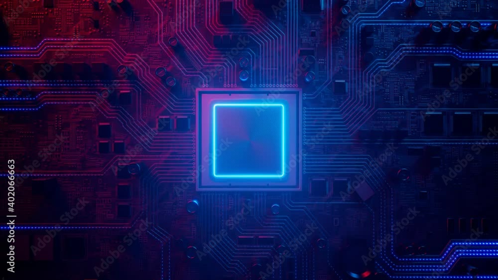 Data flow in a motherboard in pc. Processor among circuits and electronics. CPU