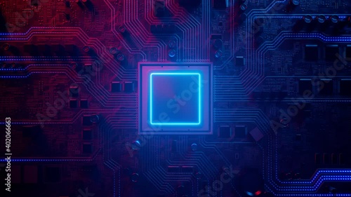 Data flow in a motherboard in pc. Processor among circuits and electronics. CPU