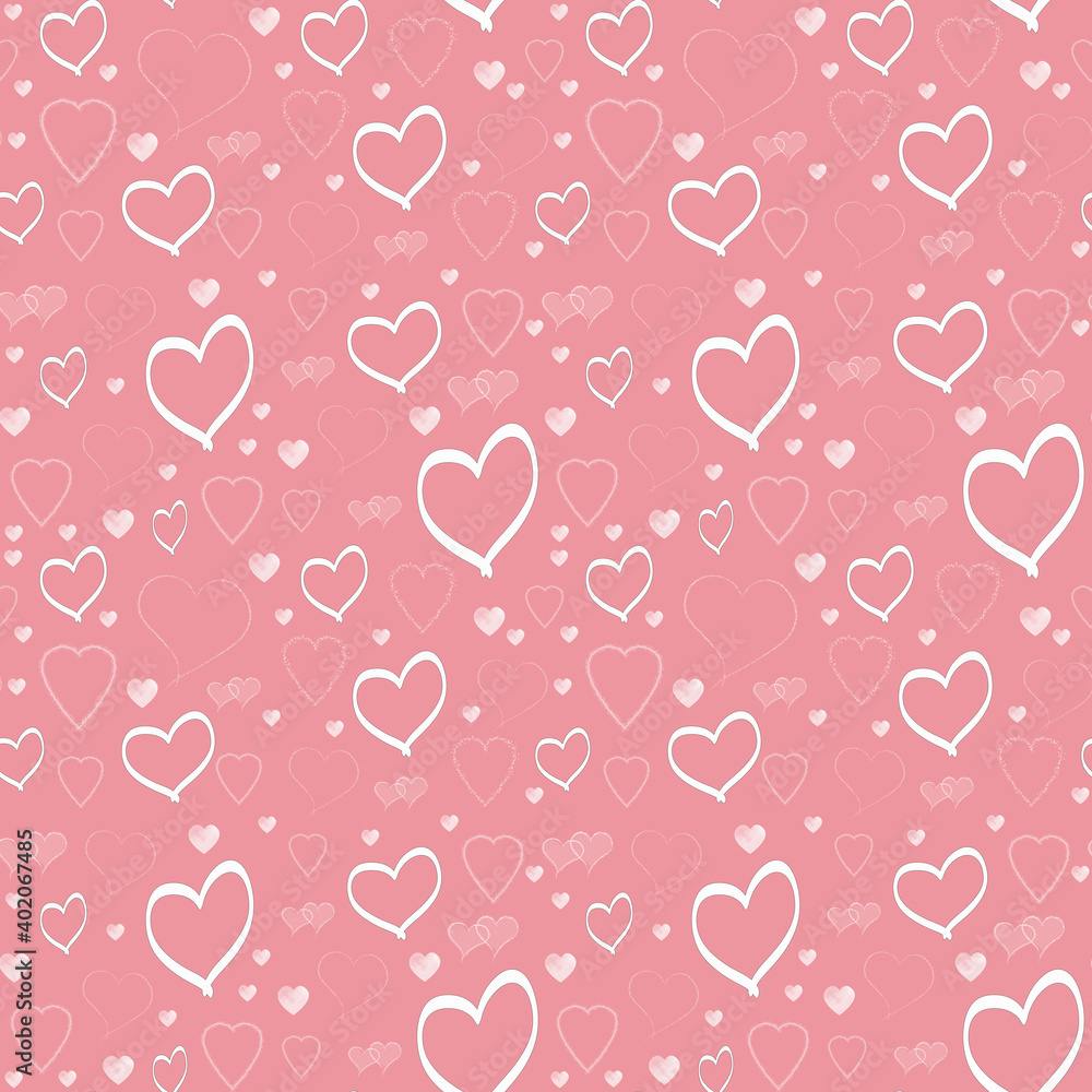 Abstract seamless pattern with white hearts on a pink background. Cute background for Valentines Day cards. f