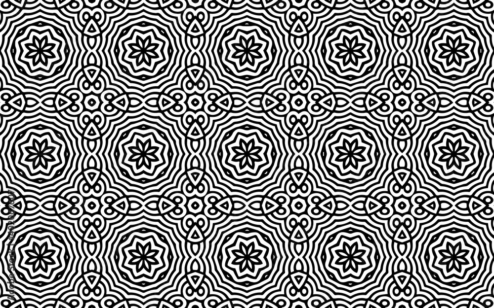 Obraz premium Geometric background in original Indian doodling style. Abstract black white template. Vector graphics for wallpapers, coloring books, business cards, textiles.