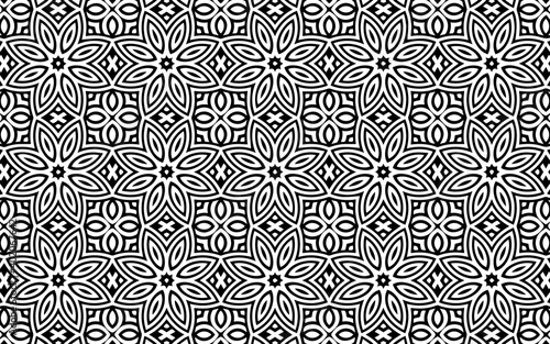Geometric background in ethnic Indian style doodling with flowers. Abstract black white template. Vector graphics for wallpapers, coloring books, business cards, textiles.