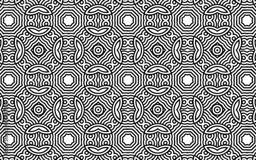 Ethnic geometric background in folk doodling style with intertwined lines. Abstract black white template. Vector graphics for wallpapers