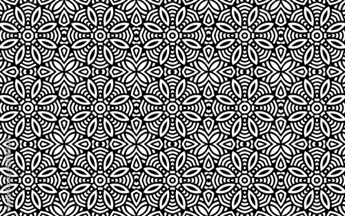 Ethnic exotic geometric background in Indian doodling style with flowers and petals. Abstract black white template. Vector graphics for wallpapers, coloring books, business cards, textiles.