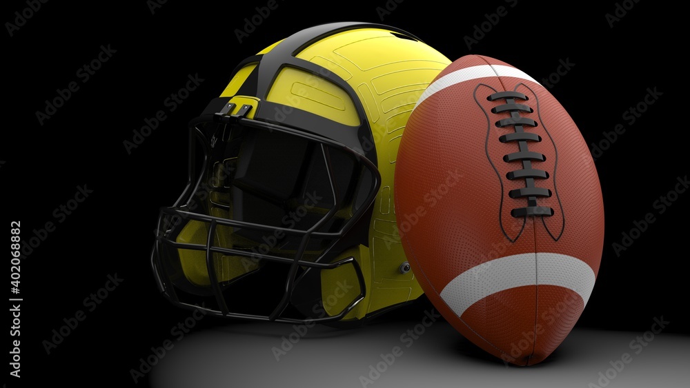 American football helmet and ball. 3D illustration. 3D high quality rendering. American football helmet and ball. 3D illustration. 3D high quality rendering.