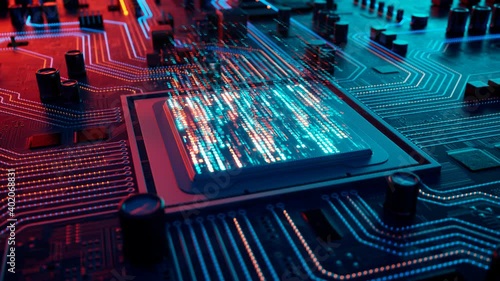 Data flow in a motherboard in pc. Processor among circuits and electronics. CPU