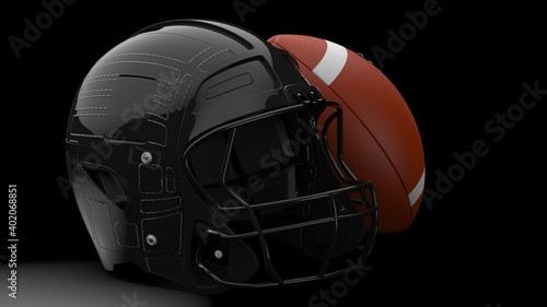 American football helmet and ball. 3D illustration. 3D high quality rendering. © DRN Studio