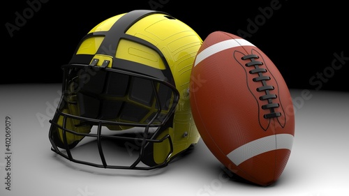 American football helmet and ball. 3D illustration. 3D high quality rendering.
