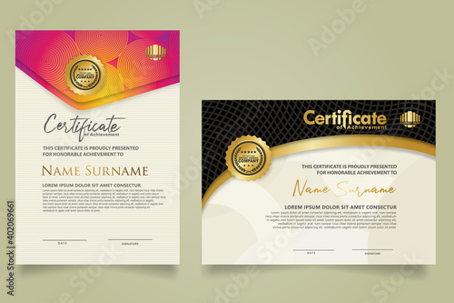 set elegant and futuristic certificate template with lines circle pattern and wave checkered lines pattern ornament. Diploma. Vector illustration