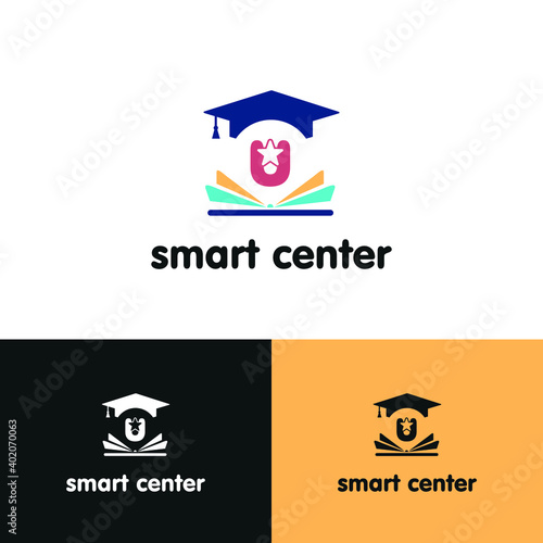 Education and academy letter u logo concept with opened book, star, and graduation cap. Course and training logo style vector template