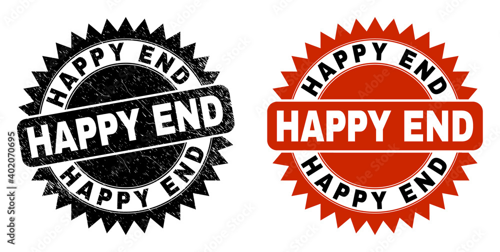 Obraz premium Black rosette HAPPY END seal. Flat vector scratched seal with HAPPY END phrase inside sharp rosette, and original clean version. Imprint with scratched texture.