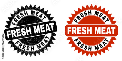 Black rosette FRESH MEAT seal stamp. Flat vector distress seal stamp with FRESH MEAT caption inside sharp rosette, and original clean source. Imprint with unclean surface.