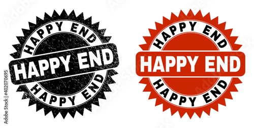 Black rosette HAPPY END seal. Flat vector scratched seal with HAPPY END phrase inside sharp rosette, and original clean version. Imprint with scratched texture.