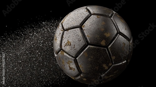 Soccer ball with Particles under Black Background. 3D sketch design and illustration. 3D CG. 3D high quality rendering.  