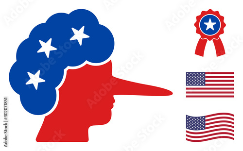 Liar icon in blue and red colors with stars. Liar illustration style uses American official colors of Democratic and Republican political parties, and star shapes. Simple liar vector sign,