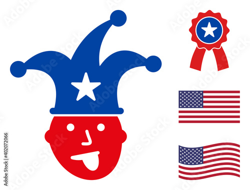 Joker icon in blue and red colors with stars. Joker illustration style uses American official colors of Democratic and Republican political parties, and star shapes. Simple joker vector sign,