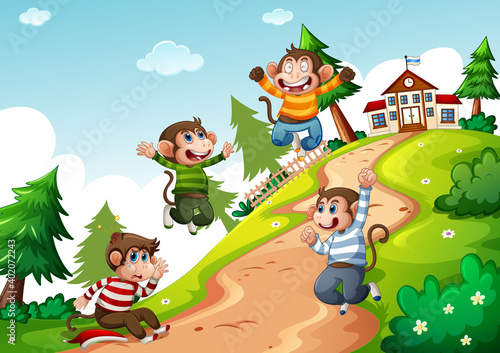 Four monkey wear t-shirt jumping in nature scene