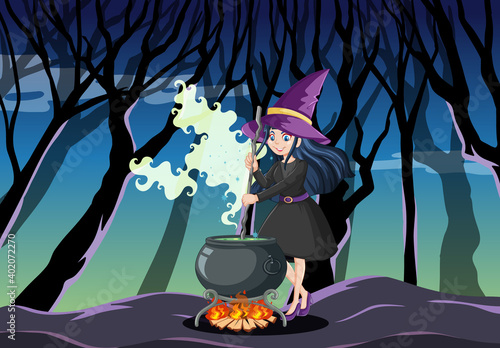 Young beautiful witch with black magic pot cartoon style on dark jungle background