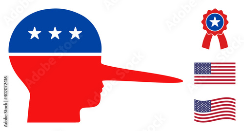 Liar head icon in blue and red colors with stars. Liar head illustration style uses American official colors of Democratic and Republican political parties, and star shapes.