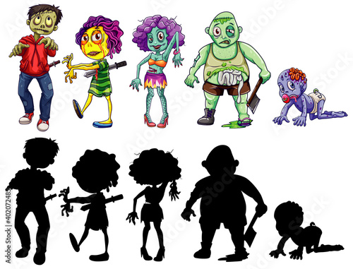 Different character of zombies in color and silhouette cartoon style isolated