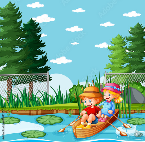 Fototapeta Naklejka Na Ścianę i Meble -  Boy and girl row the boat in nature park