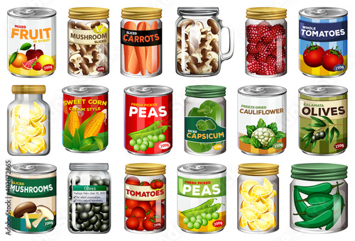 Set of different canned food and food in jars isolated