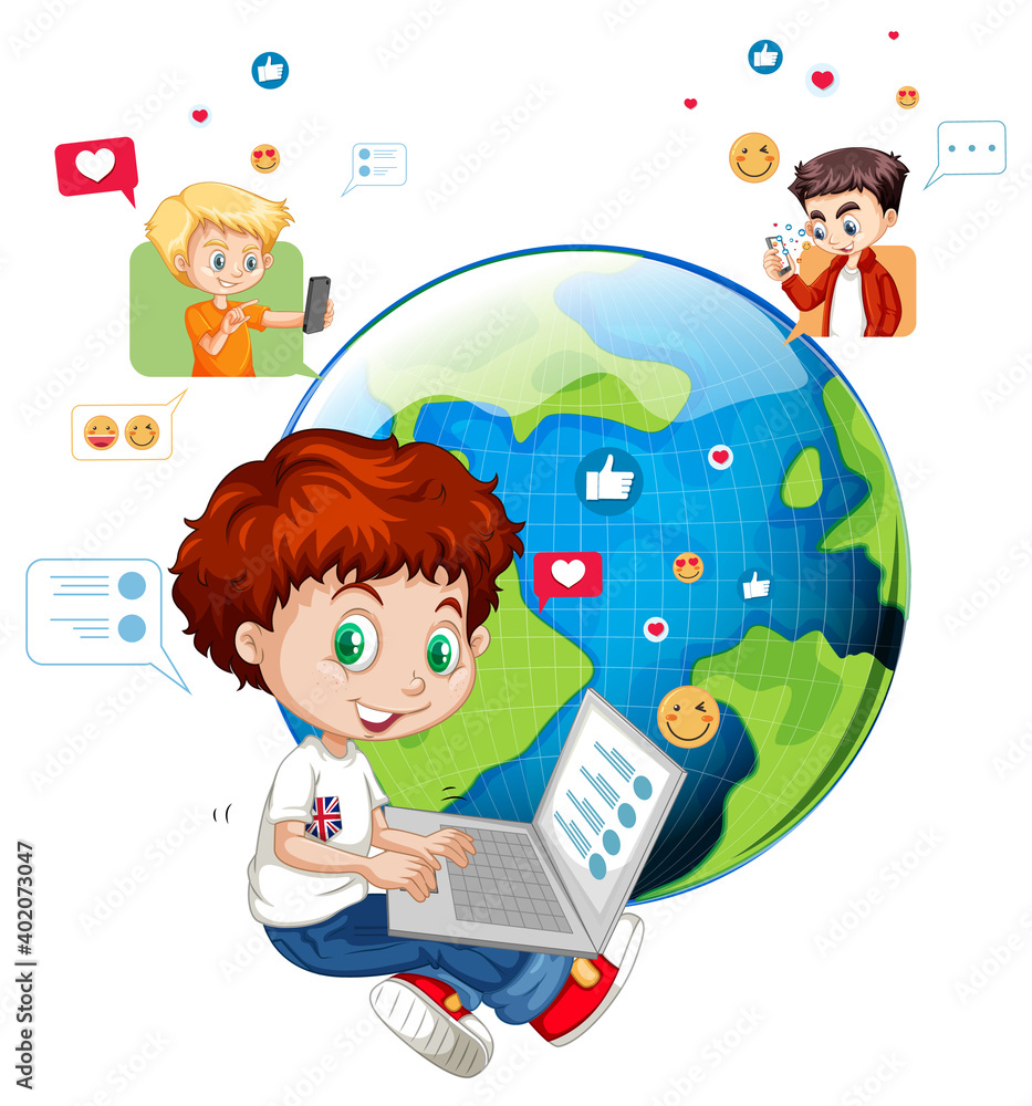 Children with social media elements on white background Children with social media elements on white background