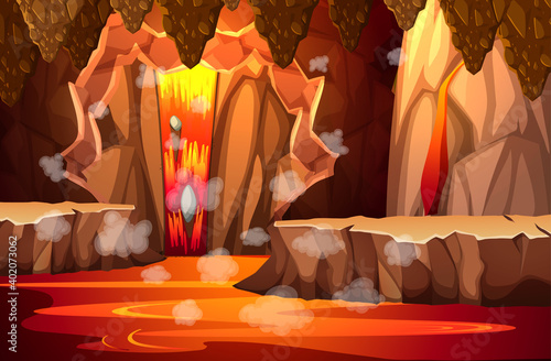 Infernal dark cave with lava scene