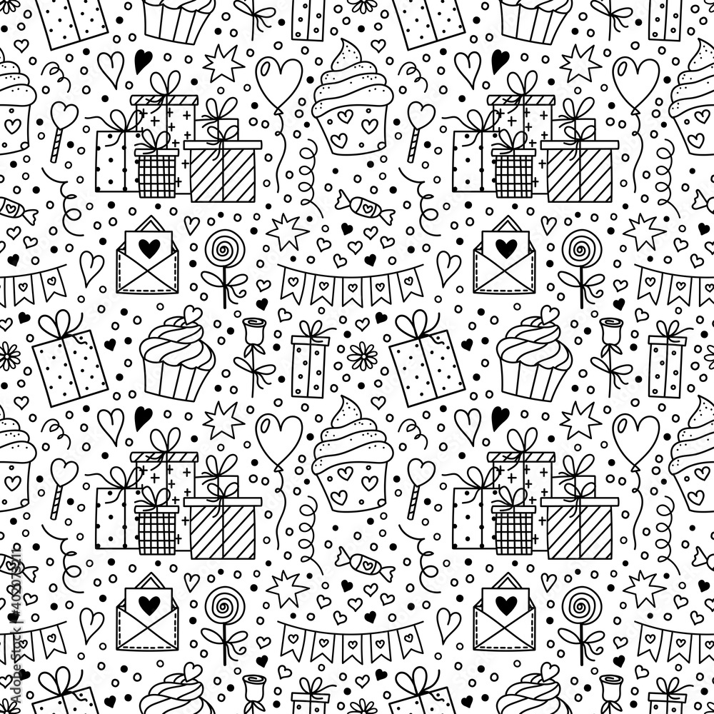 Vector Doodle style Holiday Symbols Seamless Pattern. Gifts, Flag Garland, Sweets, Letter, Balloon. Valentines Day, Birthday background for design scrapbooking, wrapping paper, textile